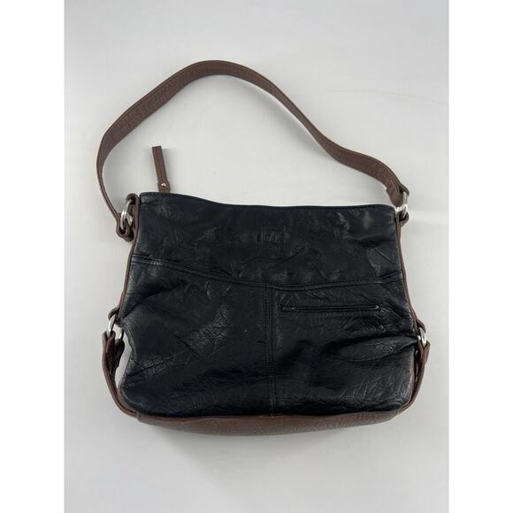 Stone Mountain Black Leather Brown Trim Tote Shoulder Bag Zipper Pocket Plain - Picture 1 of 11